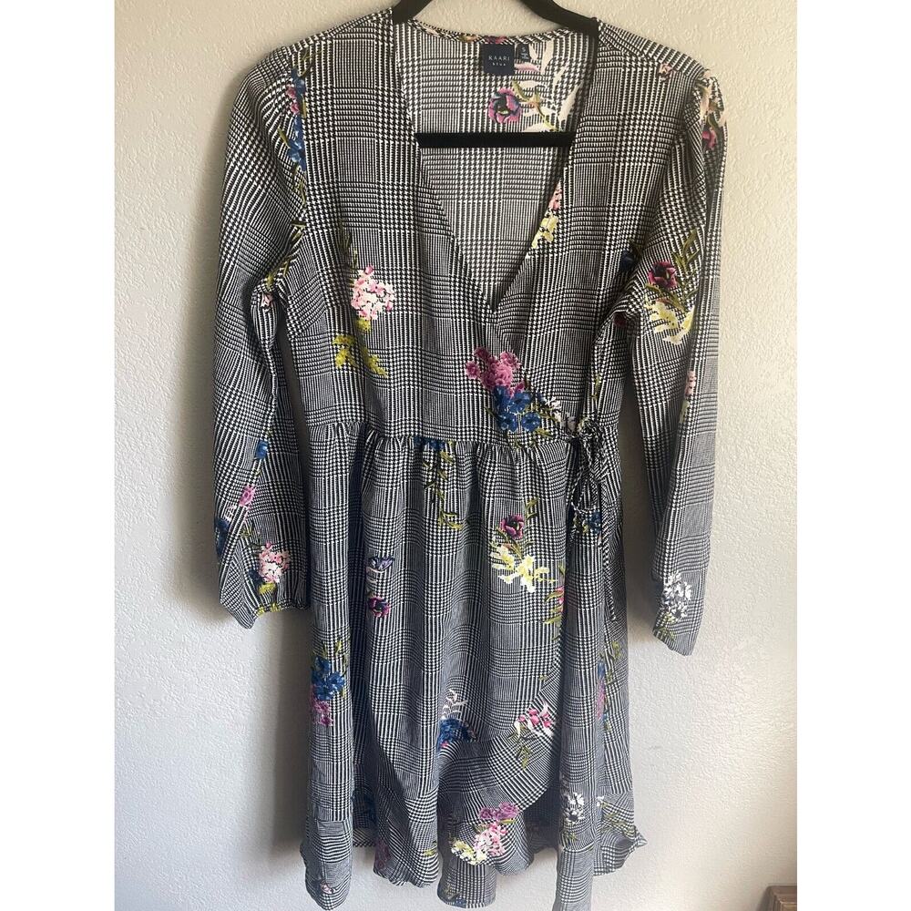 Kaari Blue Wrap Dress Floral Houndstooth Lightweight Knee Length‎ Career Small
